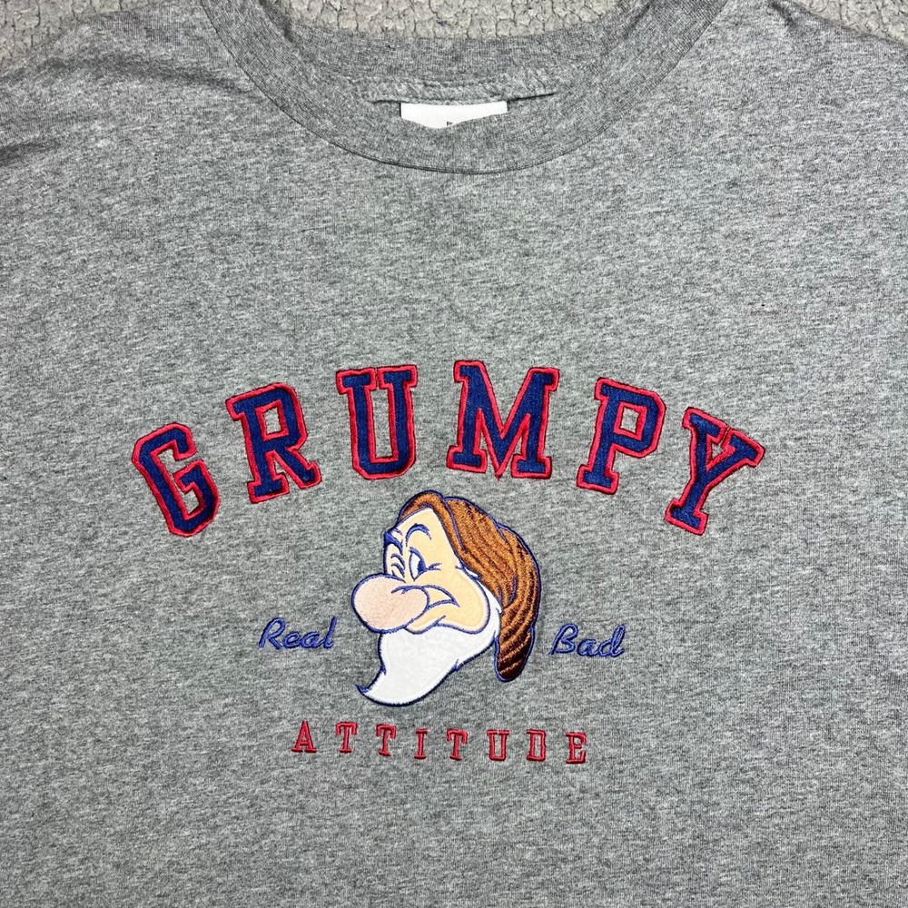 Disney Parks Grumpy Real Bad Attitude Gray Embroidered T-Shirt Mens Large L - Picture 2 of 7